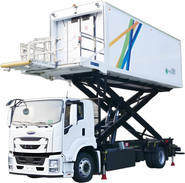 Aircraft catering truck with elevated scissor lift platform for in-flight service loading at airports