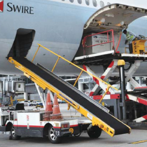 Aircraft conveyor belt loader in operation for efficient baggage and cargo handling at airport ground support area